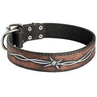 Handpainted Leather Schutzhund Dog Collar with Barbed Wire Drawing