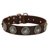 Leather Schutzhund Dog Collar with Blue Stones for Stylish Walking