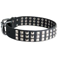 Leather Schutzhund Dog Collar with 3 Rows of Nickel Pyramids