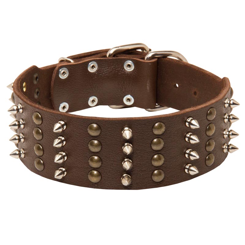 Extra Wide Leather Spiked and Studded Schutzhund Dog Collar