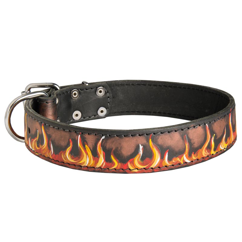 Handpainted Leather Schutzhund Dog Collar with Red Flames