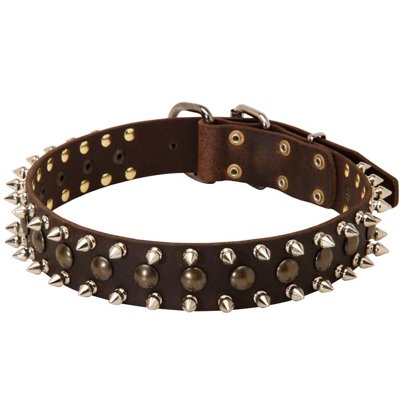3 Rows Leather Spiked and Studded Schutzhund Dog Collar