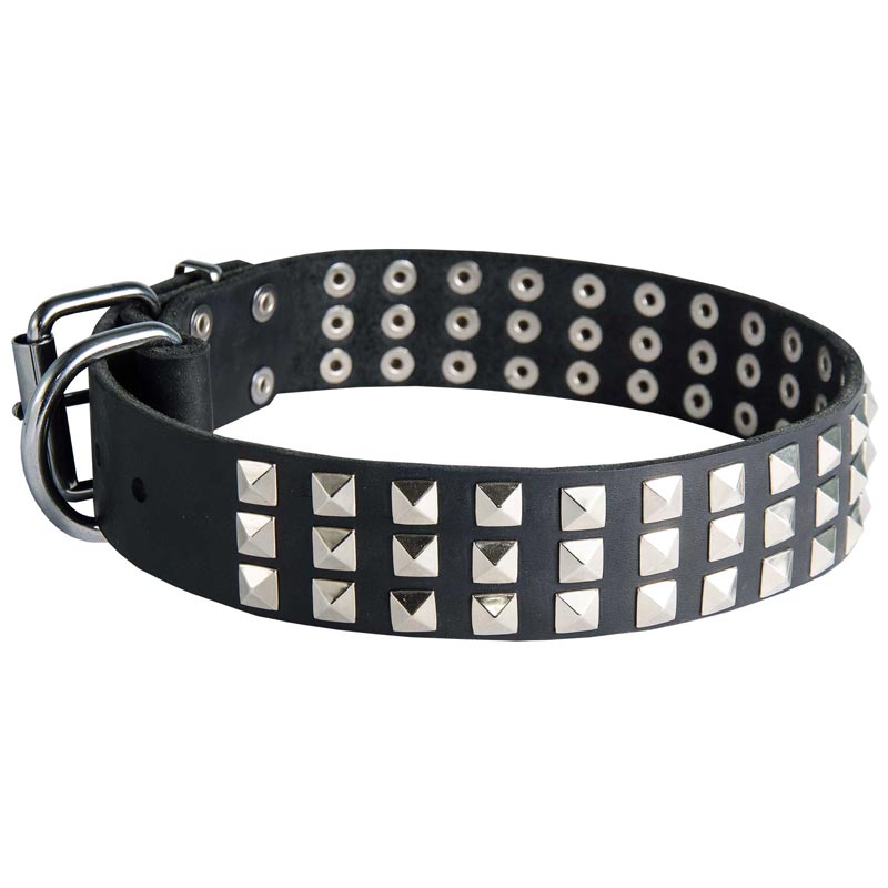 Leather Schutzhund Dog Collar with 3 Rows of Nickel Pyramids