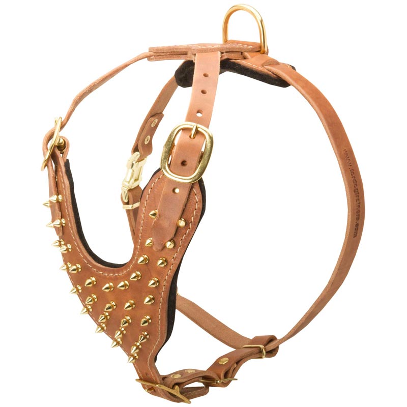 Brass Spiked Leather Schutzhund Dog Harness for Fashion Walking
